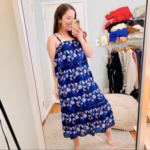 Tanya Taylor Blue Floral Tiered Tropical Silk Strappy Maxi Dress Vacation 0 XS